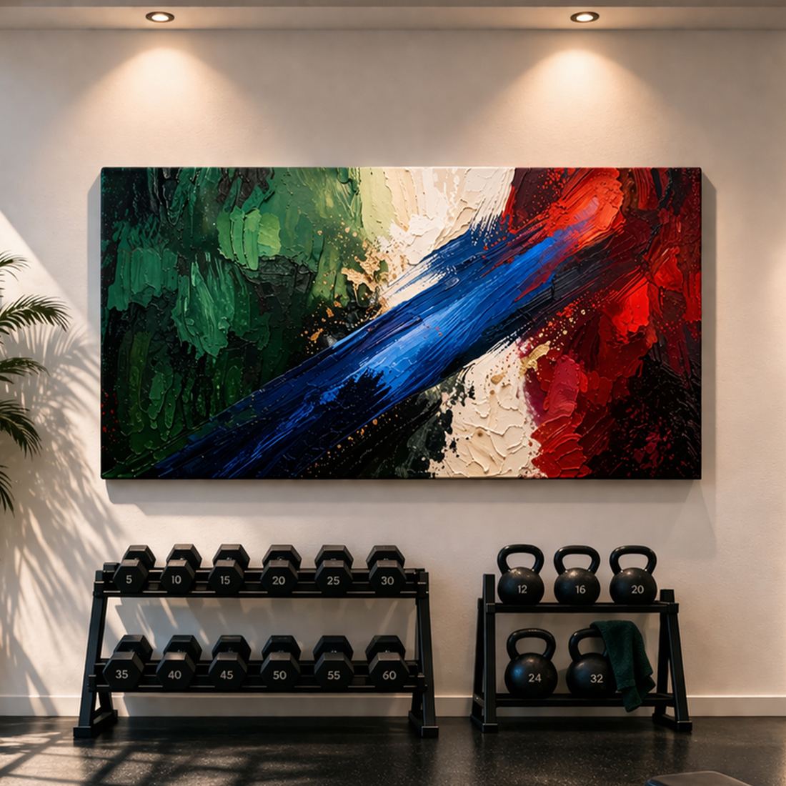 Canvas artwork placed in a generated scene: room scene