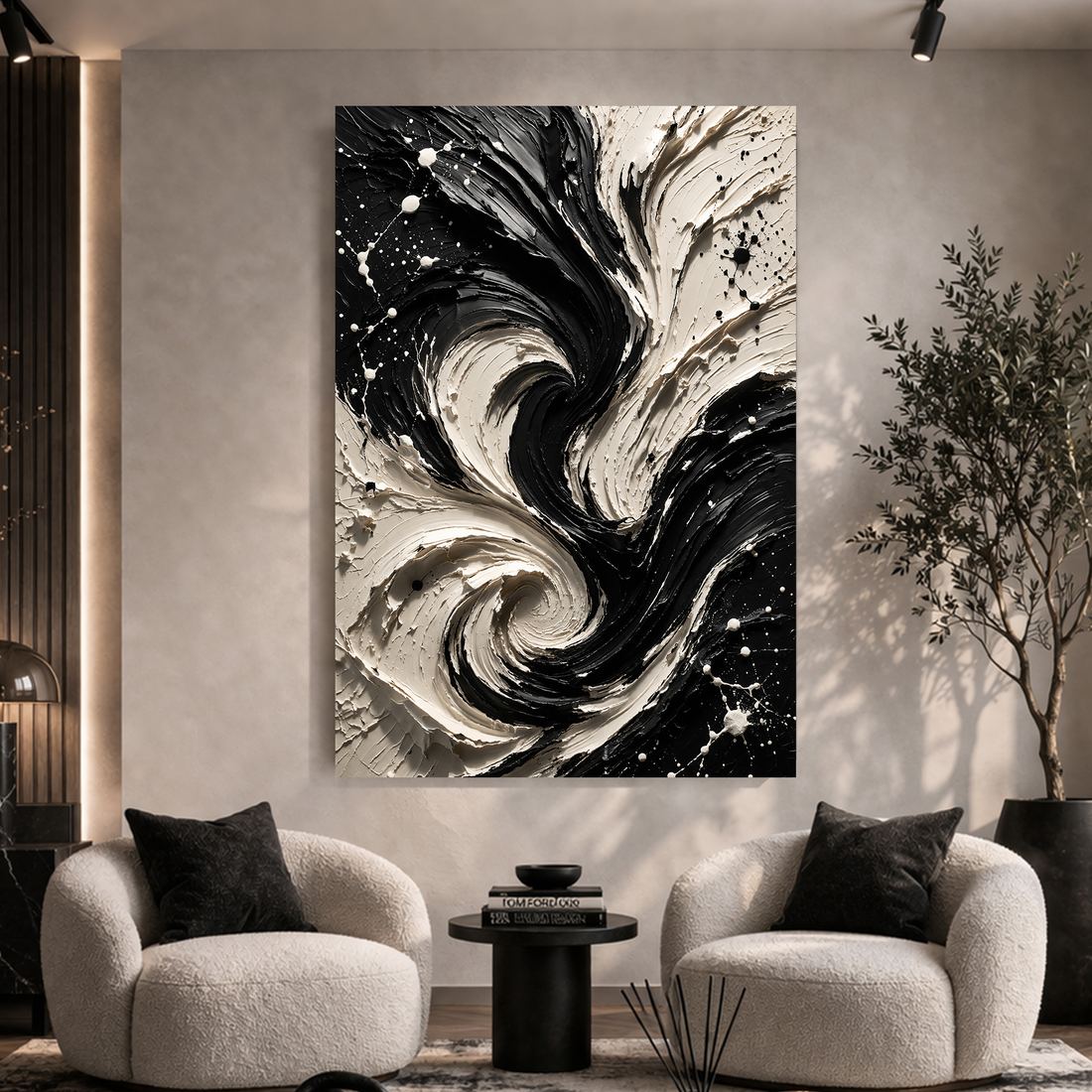 Canvas artwork placed in a generated scene: room scene