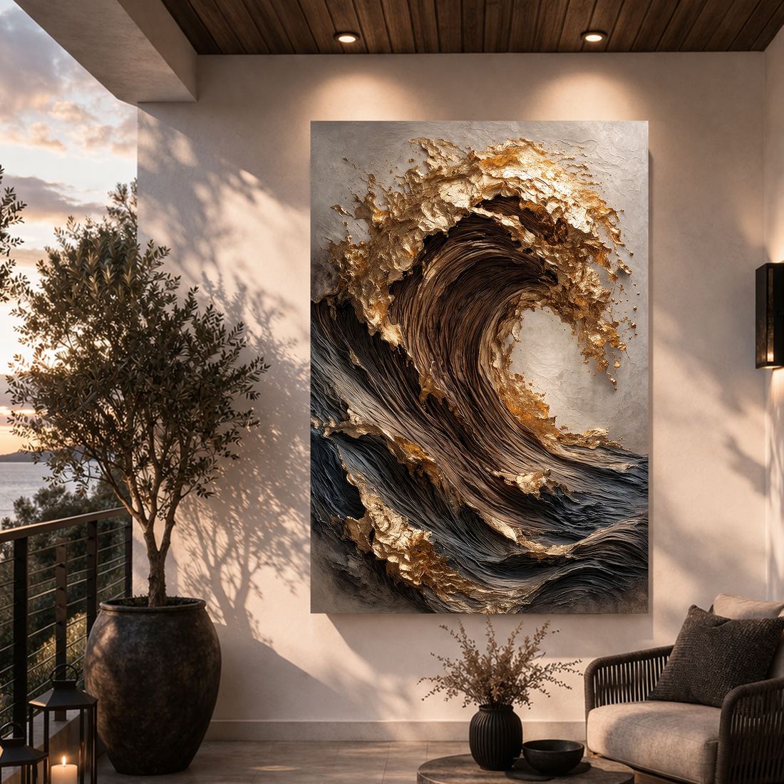 Canvas artwork placed in a generated scene: room scene