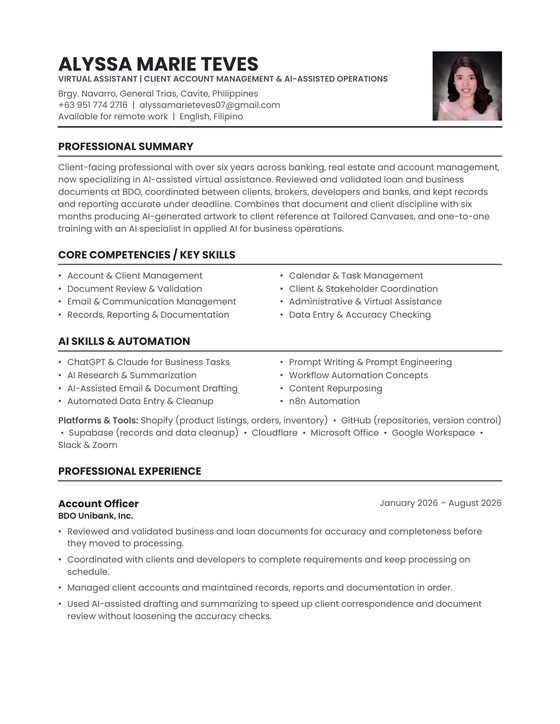 Two page resume for Alyssa Marie Teves